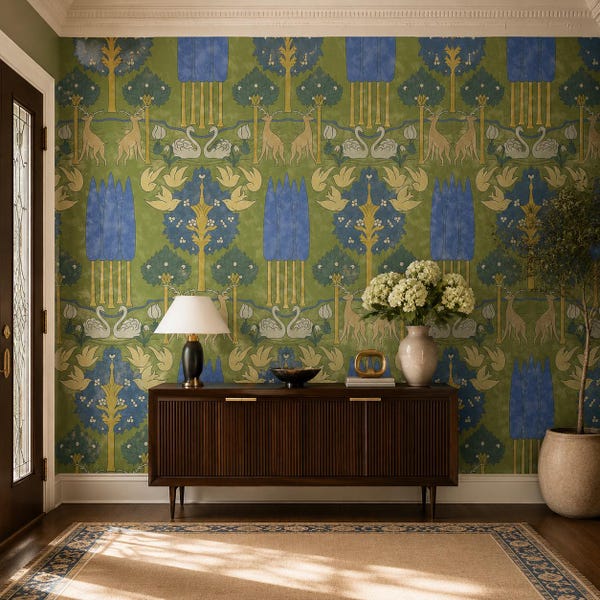 Green William Morris Forest Wallpaper, Vintage Deer Swan Art Nouveau Mural