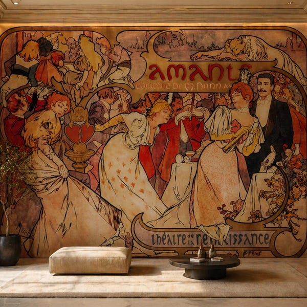 Art Nouveau Wallpaper Mural, Alphonse Mucha Style Vintage Paris Theatre Wall Art