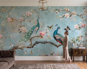 Mural de pared de pavo real estilo chinoiserie, papel tapiz botánico vintage, papel tapiz floral azul con pájaros, mural de pared de jardín romántico, decoración de pared de lujo