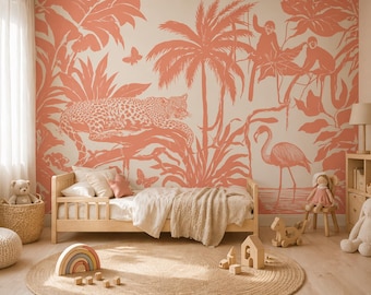 Mural de pared de la jungla de terracota, papel tapiz de animales tropicales, decoración de pared botánica de safari vintage