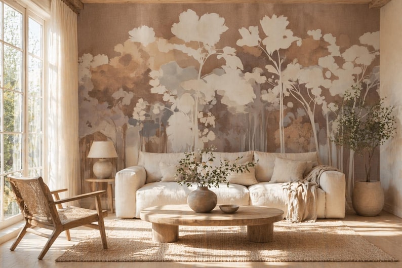Neutral Forest Neutral Forest Wall Mural, Limewash Style Trees Wallpaper, Japandi ...