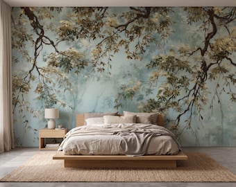 Mural de pared Bosque Brumoso, Papel pintado de bosque vintage, Papel pintado de paisaje de árboles melancólicos, Decoración de pared de naturaleza, Mural de bosque con niebla