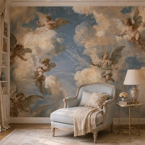 May include: A wall mural featuring a painted sky with fluffy clouds and winged cherubs in shades of blue, cream, and gold. The scene is positioned behind a light blue upholstered armchair with a beige throw blanket and a side table with a lamp.