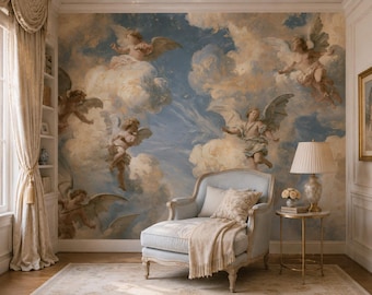 Renaissance Angel Mural Wallpaper, Cherub Sky Clouds, Antique Art Decor