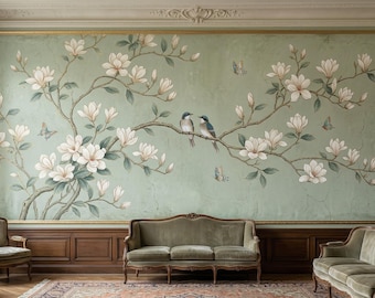Mural de pared con flores de magnolia y pájaros, papel tapiz botánico vintage, mural floral de estilo chinoiserie, elegante decoración de pared inspirada en la naturaleza.