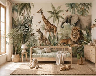 Jungle Safari Animals Wallpaper Mural, Neutral Kids Room Decor, Peel & Stick Option