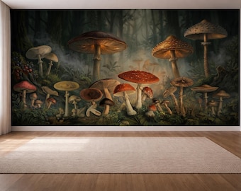 Moody Woodland Mushroom Wall Mural, Dark Academia Forest Wallpaper, Mystical Mushroom Forest Wall Decor, Vintage Cottagecore Aesthetic