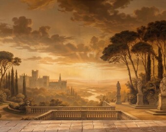 Italian Landscape Wall Mural, Tuscan Villa Sunset Wallpaper, Classical European Scenic Wall Decor, Vintage Countryside Wall Mural