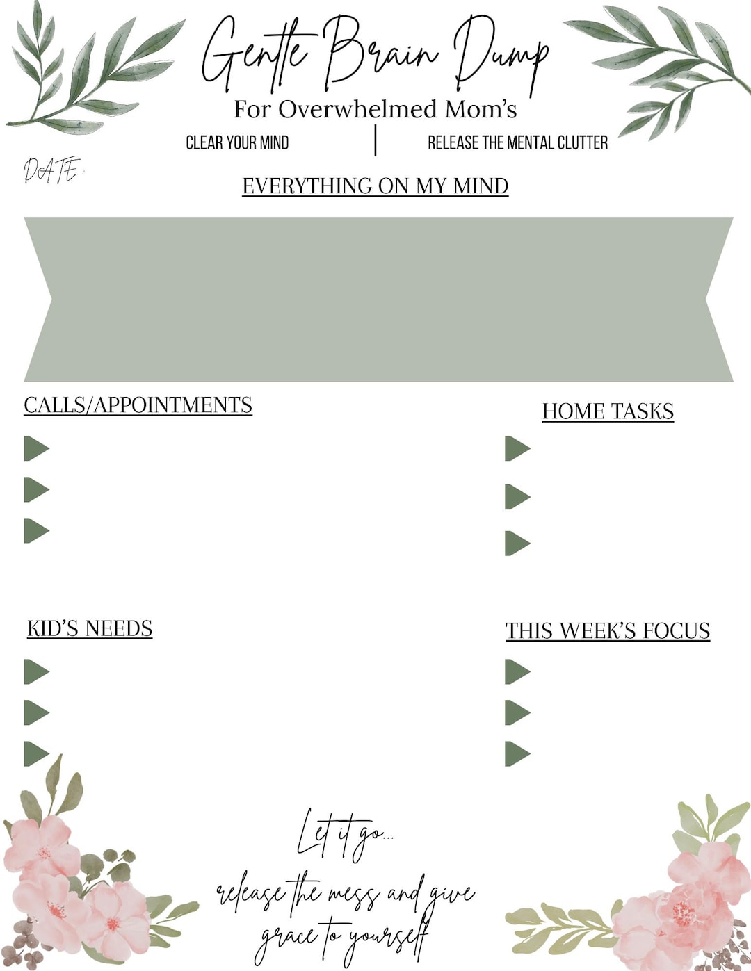 Gentle Brain Dump for Moms Printable PDF, Mental Load Reset Planner - Etsy