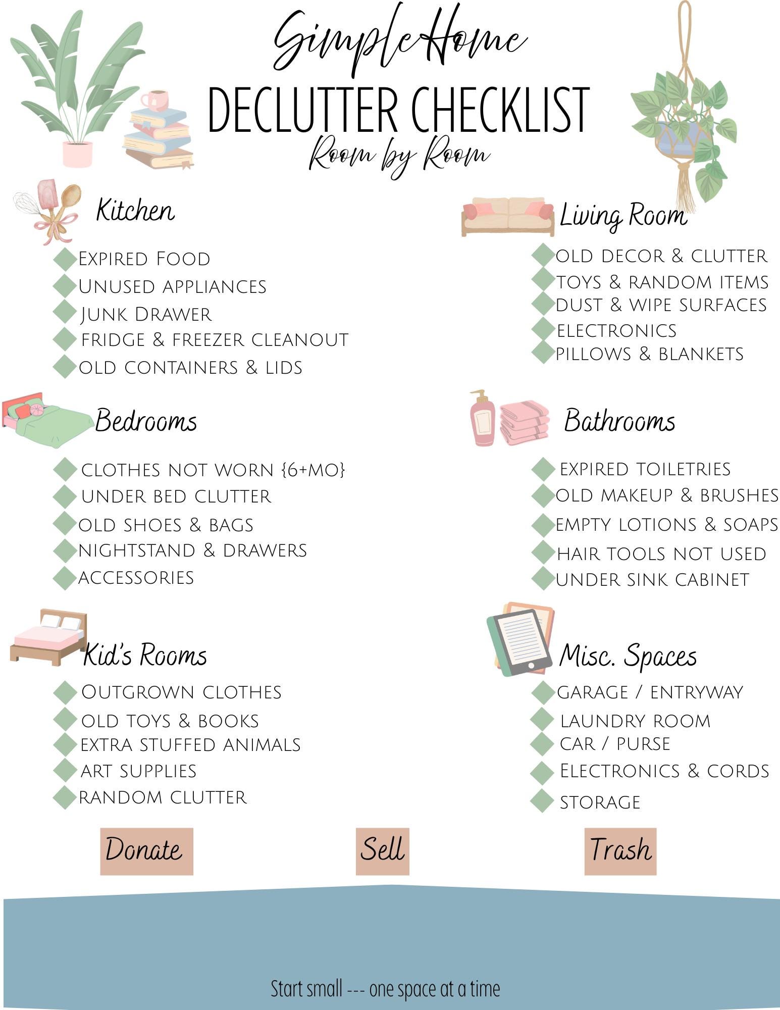 Declutter Checklist Printable Pdf/room by Room Home Organization Guide ...
