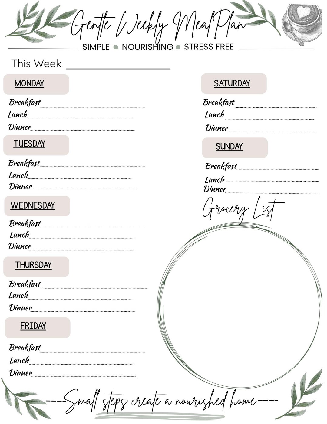 Gentle Weekly Meal Planner Printable PDF - Etsy