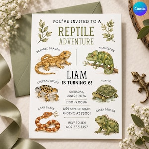Puede incluir: Una tarjeta de invitación rectangular blanca con el texto "You're invited to a reptile adventure" y "Liam is turning 6!". La tarjeta muestra ilustraciones de un dragón barbudo, camaleón, gecko leopardo, tortuga, serpiente del maíz e iguana.