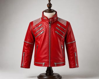 Chaqueta de cuero roja MJ Beat It para niños / Chaqueta de disfraz inspirada en Michael Jackson para niños y niñas / Chaqueta roja icónica para actuaciones