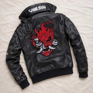 Jaqueta Bomber de Couro Samurai Cyberpunk 2077 V com Patch Feito à Mão | Roupa Externa Bordada para Cosplay de Jogos