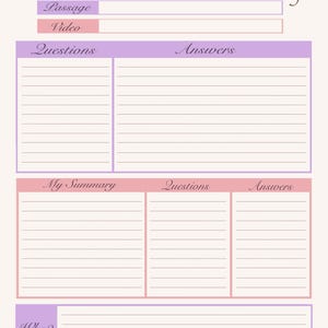 May include: A Bible study template in pastel pink, lilac, and cream. The layout features sections for date, passage, video, questions, answers, and a summary. The words "Bible Study" are written in a cursive font.