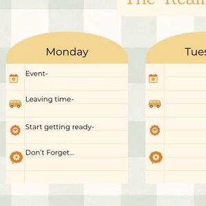 May include: A weekly planner titled "The 'Reality Check' Weekly Planner" with sections for each day of the week. Each day has a space for events, leaving times, and reminders. The background is a light green and white checkered pattern.