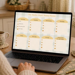 May include: A laptop screen showing a weekly planner titled "The 'Reality Check' Weekly Planner." The planner has a light green and beige gingham pattern. A cup of coffee, a notebook, and a pen are on the table.