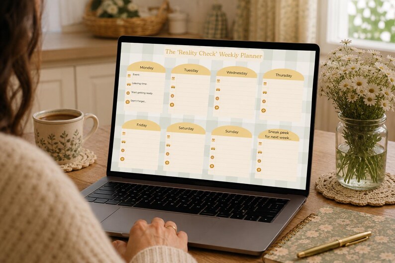 May include: A laptop screen showing a weekly planner titled "The 'Reality Check' Weekly Planner." The planner has a light green and beige gingham pattern. A cup of coffee, a notebook, and a pen are on the table.