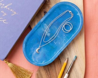 Ocean Blue Marbled Resin Tray | Handmade Abstract Trinket Dish | Coastal Vanity Decor