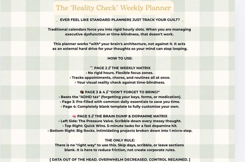 May include: A weekly planner called 'The Reality Check' with instructions. The text explains how to use the planner to manage executive dysfunction and time-blindness. The background has a green and white grid pattern.