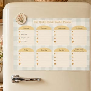 May include: A magnetic weekly planner with a light blue and white checked pattern. The planner has sections for each day of the week, with space for notes. The text "The 'Reality Check' Weekly Planner" is at the top.