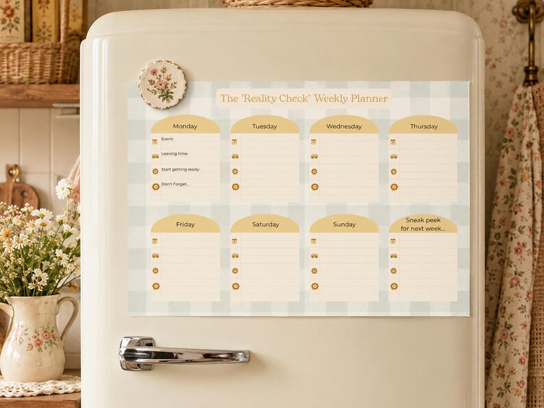 May include: A magnetic weekly planner with a light blue and white checked pattern. The planner has sections for each day of the week, with space for notes. The text "The 'Reality Check' Weekly Planner" is at the top.