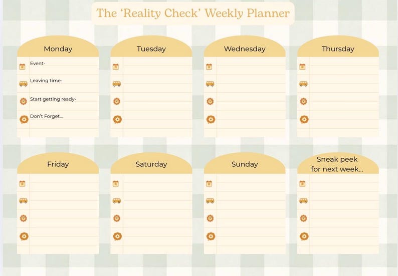 May include: A weekly planner, titled "The 'Reality Check' Weekly Planner", with sections for each day. Each day has space for events, leaving times, and reminders. The background features a light green and white checkered pattern.
