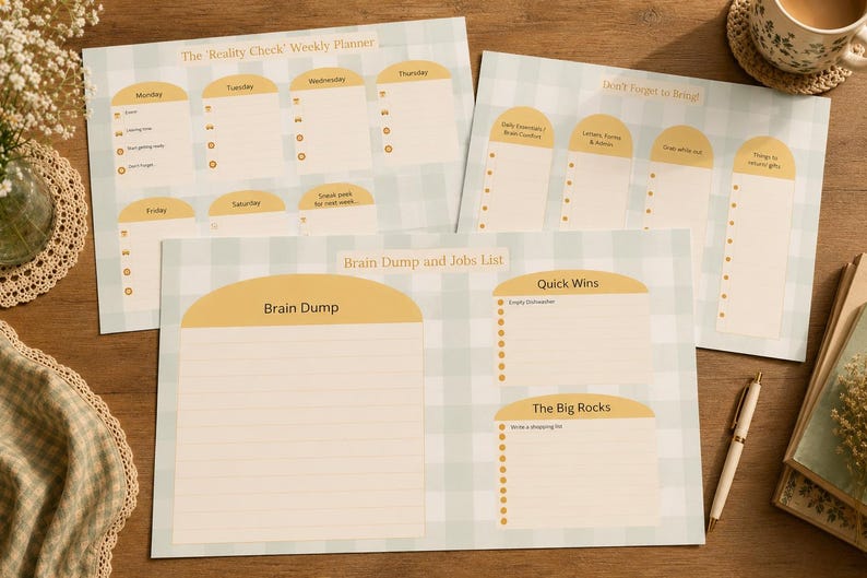 May include: A selection of weekly planners and job lists in a light blue and cream colour scheme. The planners feature sections for daily tasks and reminders. The text "The Reality Check Weekly Planner" and "Brain Dump and Jobs List" are visible.