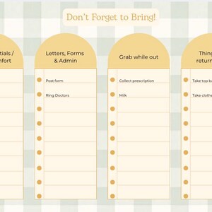 May include: A beige and white checklist titled "Don't Forget to Bring!" with four sections: Daily Essentials, Letters & Admin, Grab While Out, and Things to Return. Each section lists items like keys, phone, and medication.