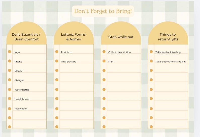 May include: A beige and white checklist titled "Don't Forget to Bring!" with four sections: Daily Essentials, Letters & Admin, Grab While Out, and Things to Return. Each section lists items like keys, phone, and medication.
