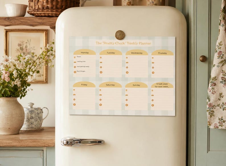 May include: A weekly planner magnet with a light blue and white gingham pattern is attached to a vintage fridge. The planner, titled "The 'Reality Check' Weekly Planner," has sections for each day of the week, with space for notes.
