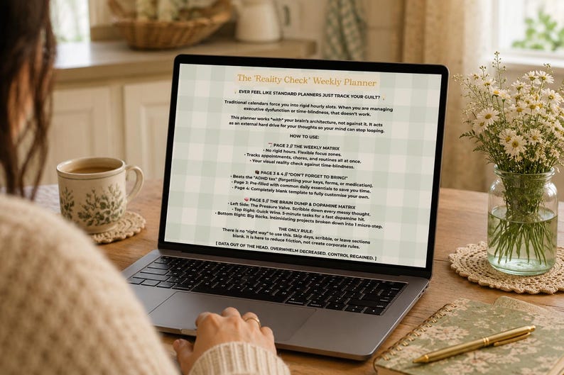 May include: A laptop screen showing the text "The 'Reality Check' Weekly Planner". The laptop is on a wooden table with a cup of coffee, a coaster, a notebook, a pen, and a vase of flowers. The text is in a green and white checkered pattern.