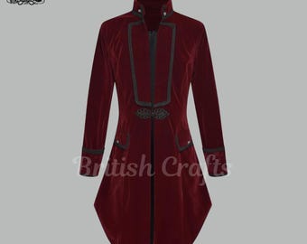 Womens Burgundy Velvet Tailcoat Jacket Gothic Victorian Coat Steampunk Long Coat Medieval Corset Back Jacket