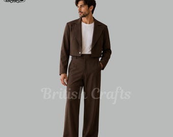Men's Brown Cropped Jacket Set, High Waist Wide Leg Trousers, Modern Tailored Co-Ord, Minimalist Fashion Suit, Custom Made