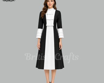 Damen Schwarz Weiß Klerus Kleid Kirche Robe Bescheidenes Midi Kleid Pastor Kleid Liturgisches religiöses Kleid Formelle Kirchenkleidung