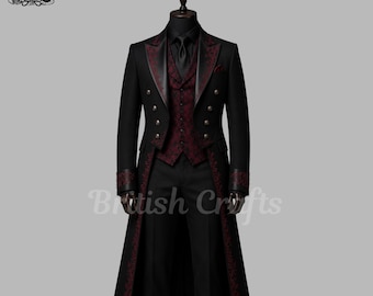 Gothic Victorian Suit for Men, Black Red Tailcoat Tuxedo, Vampire Wedding Suit, Mens Formal Gothic Outfit, Prom Suit