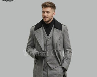 Grauer Langer Mantel Anzug Männer 3-Teiler Anzug Mantel Formelle Hochzeitsanzug Bräutigam Outfit Vintage Klassischer Individueller Anzug