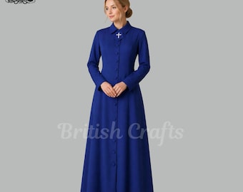 Clergy soutane jurk dames blauwe lange jas bescheiden kerk gewaad knop voorkant formele maxi jurk christelijke kleding