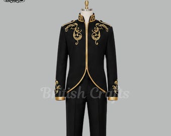 Mens Black Gold Embroidered Military Suit Royal Prince Jacket Formal Groom Wedding Blazer Tailored Suit Set