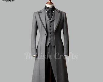 Grey Victorian Tailcoat Suit Mens Formal Wedding Tuxedo Groom Elegant Slim Fit Suit Steampunk Outfit Men, Vintage Groom Suit