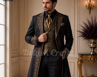 Men's Black Victorian Embroidered Tailcoat, Regency Wedding Suit, Gothic Gold Formal Coat, Luxury Military Frock Coat, Handmade Custom Suit