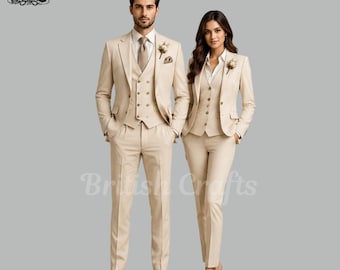 Matching Couple Suit Set, Beige Wedding Suits for Bride and Groom, Coordinated Formal Outfit, Couples Tuxedo Set