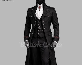 Mens Black Gothic Jacquard Brocade Tailcoat Suit Victorian Military Long Coat Groom Wedding Suit Vampire Formal Outfit