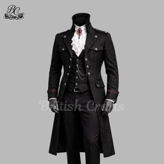 Mens Black Gothic Jacquard Brocade Tailcoat Suit Victorian Military Long Coat Groom Wedding Suit Vampire Formal Outfit
