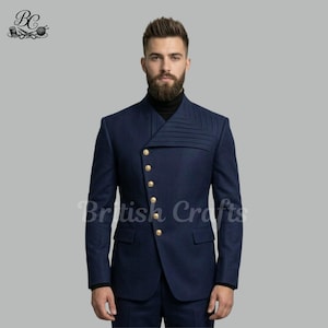 Mens Navy Blue Asymmetrical Suit Military Style Jacket Victorian Gothic Inspired Custom Tailored Slim Fit Wedding Groom Suit