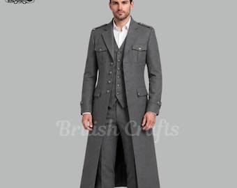 Herren Grauer viktorianischer Frackanzug, Regency Militär Gehrock, Gothic Hochzeitsoutfit, formeller langer Mantel, handgefertigter maßgefertigter Anzug