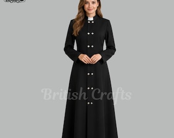 Womens Black Clergy Cassock Dress with Roman Collar, Female Priest Church Robe, Long Sleeve Religious Ministry Outfit