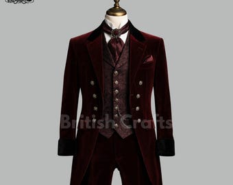 Mens Burgundy Velvet Victorian Suit, Gothic Wedding Tailcoat, Regency Aristocrat Outfit, Steampunk Formal Suit, Luxury Velvet Suit