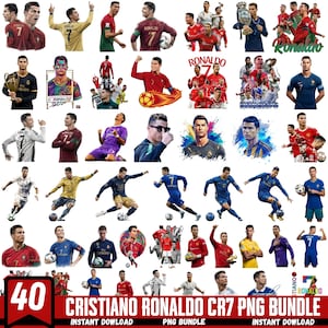 Puede incluir: Un conjunto de 40 imágenes PNG con Cristiano Ronaldo en varias poses y atuendos. Las imágenes incluyen fotos de acción, retratos e ilustraciones, con el texto "CRISTIANO RONALDO CR7 PNG BUNDLE" en la parte inferior.