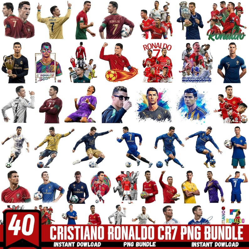 May include: A collection of 40 PNG images featuring Cristiano Ronaldo in various poses and outfits. The images include action shots, portraits, and illustrations, with the text "CRISTIANO RONALDO CR7 PNG BUNDLE" at the bottom.